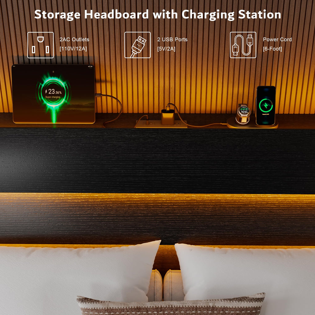 Queen Floating Bed Frame with LED Lights & Charging Station J291