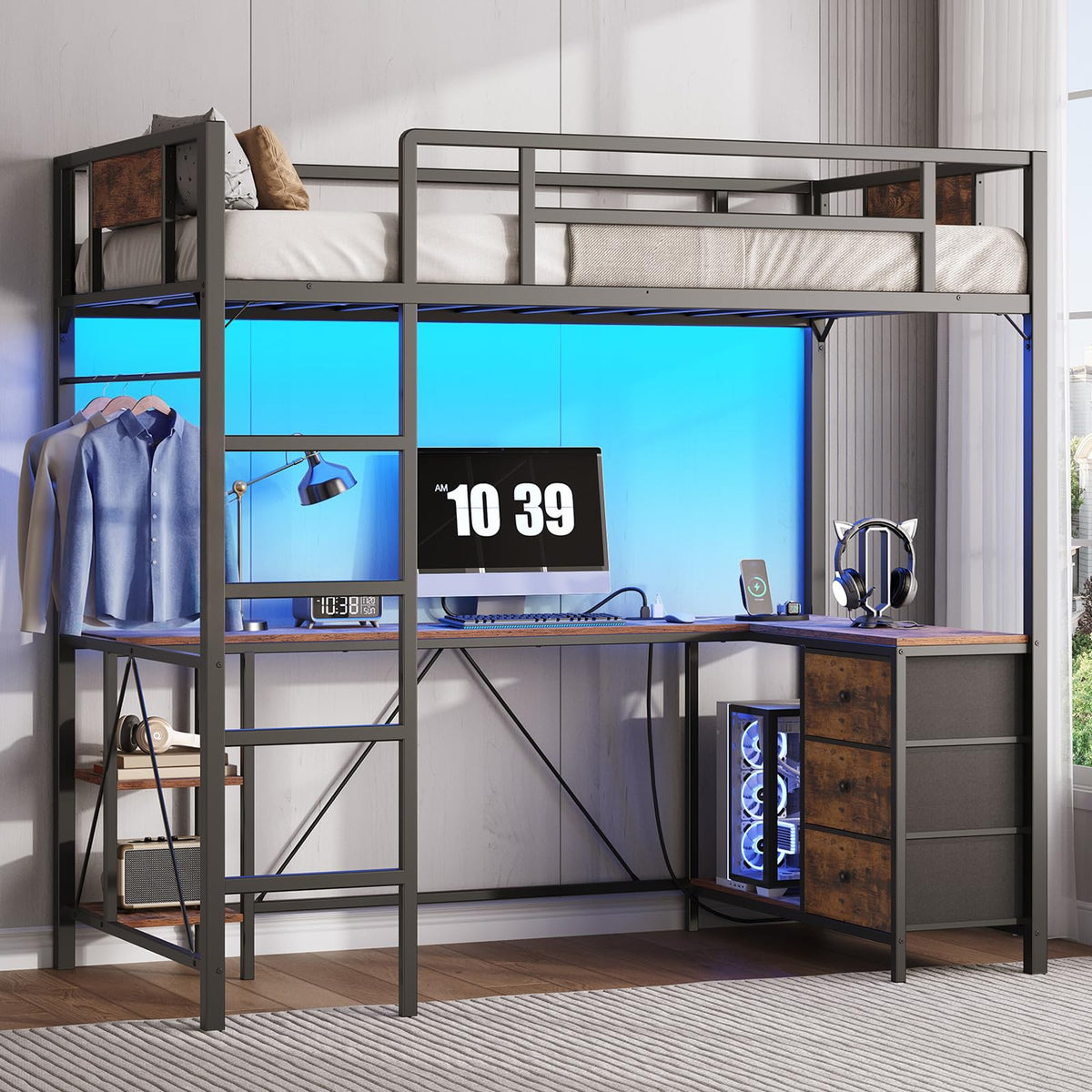 Twin Size Metal Loft Bed with L-Shaped Desk, 3 Storage Drawers, LED Light & Ladder M537661