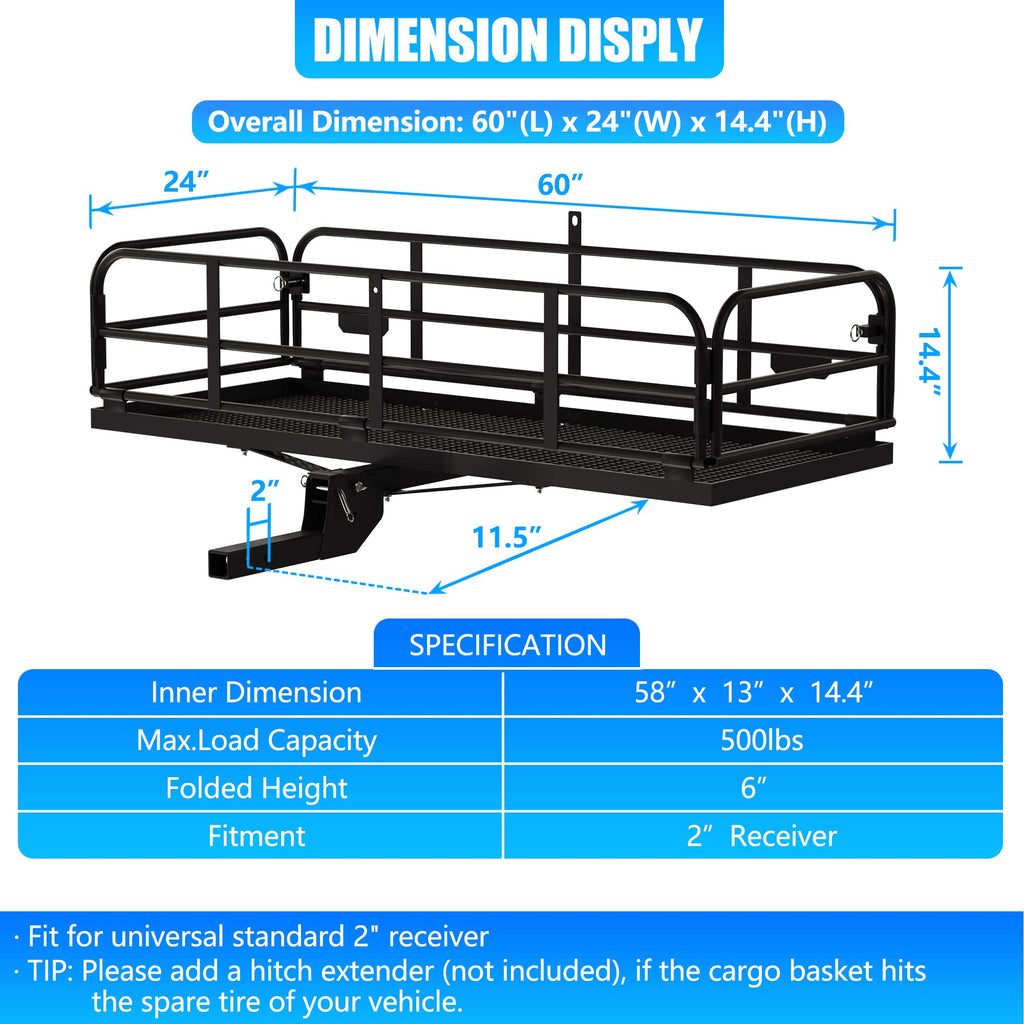 500 Lbs Heavy Duty Hitch Mount Cargo Carrier 60"x24"x14.4" Folding H591