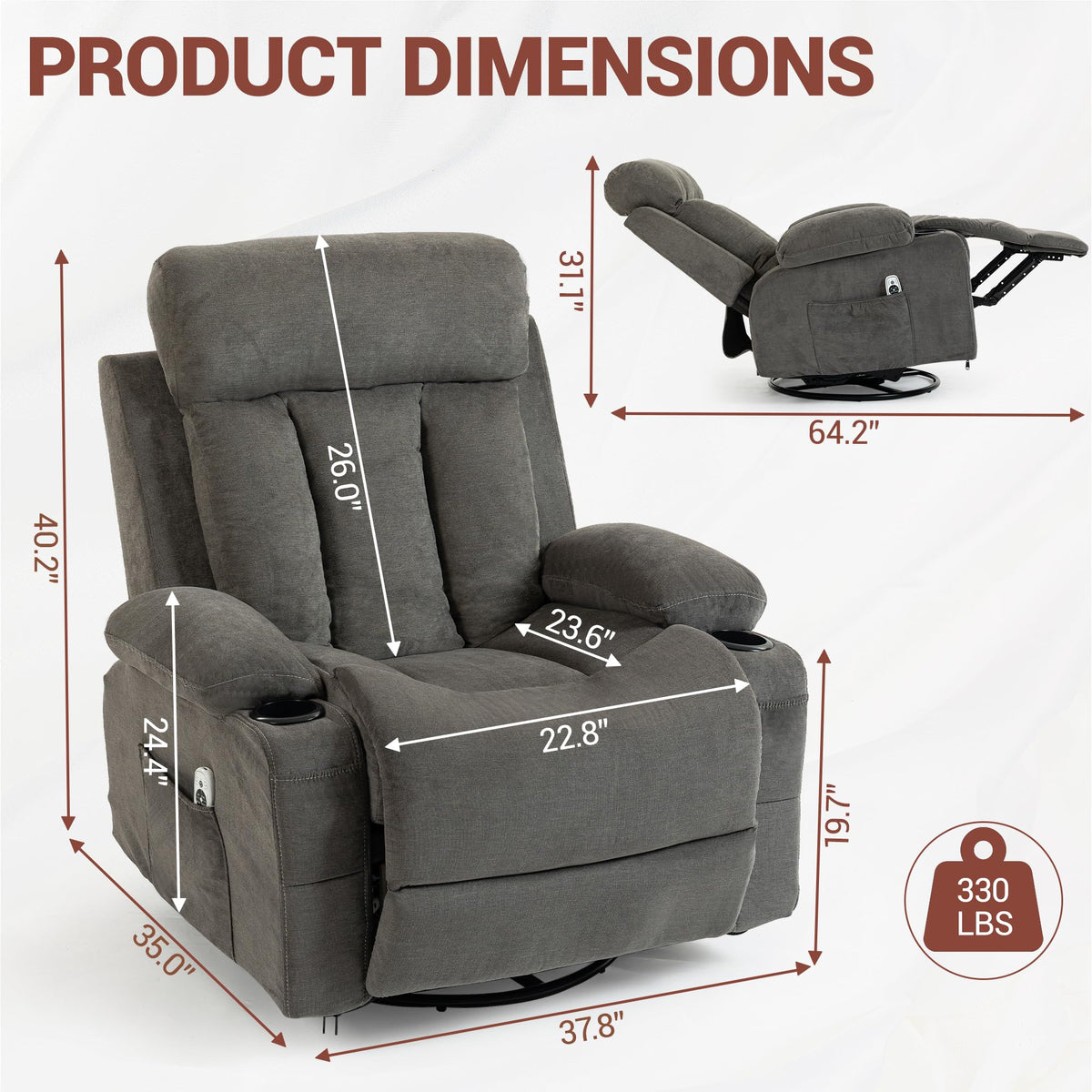 Grey Swivel Rocker Recliner with Massage and Heating G4625
