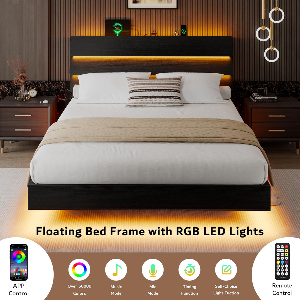 Queen Floating Bed Frame with LED Lights & Charging Station J291