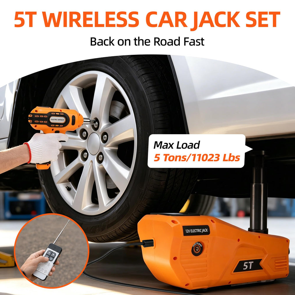 5 Ton 12V Electric Car Jack Kit with Impact Wrench and Tire Inflator Pump B7790
