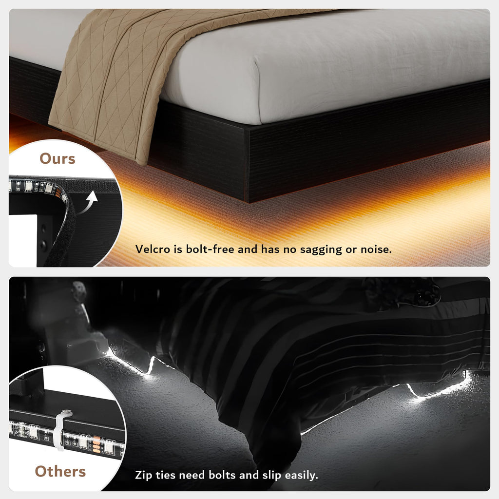 Queen Floating Bed Frame with LED Lights & Charging Station J291