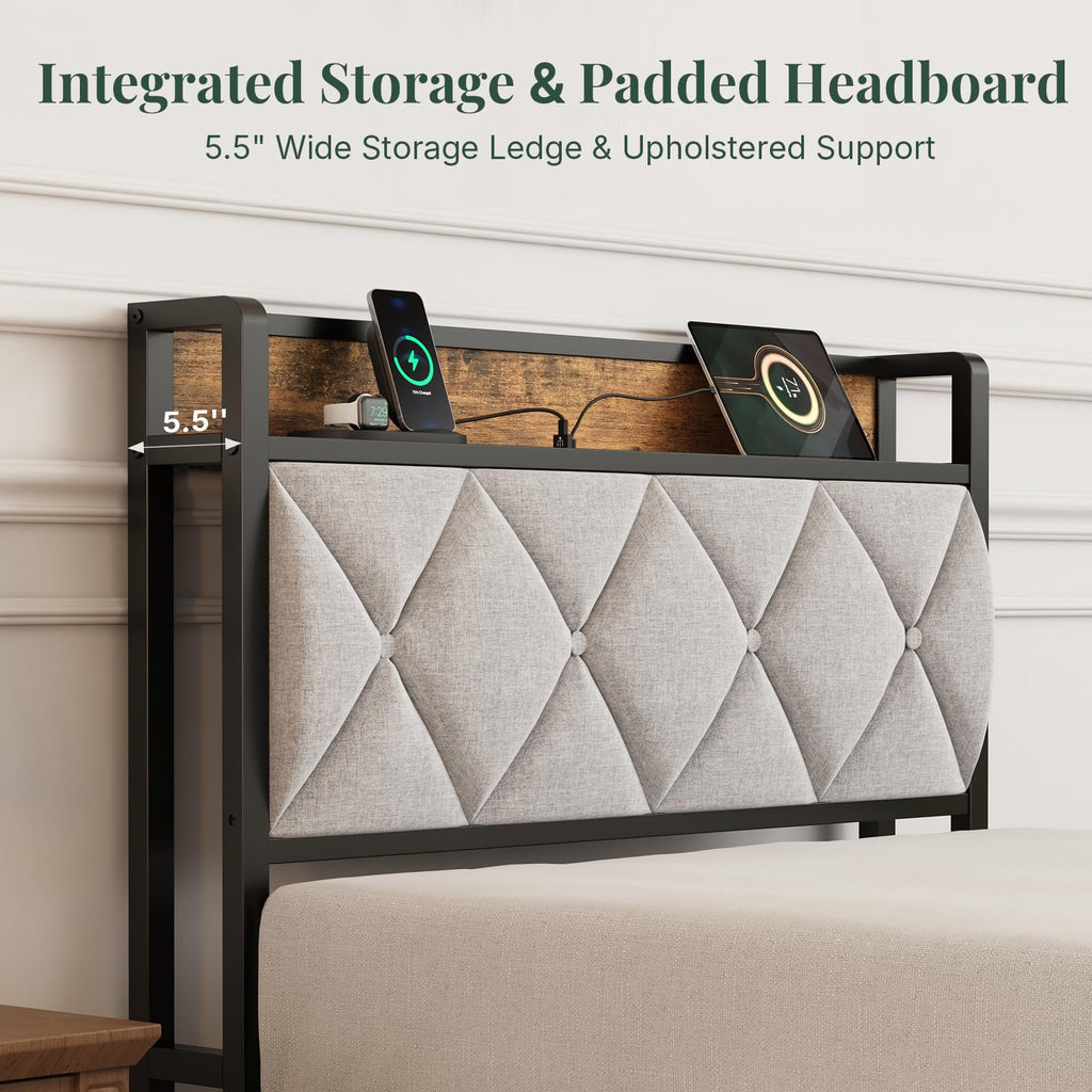Twin Bed Frame with Upholstered Storage Headboard and USB Charging Station N403973