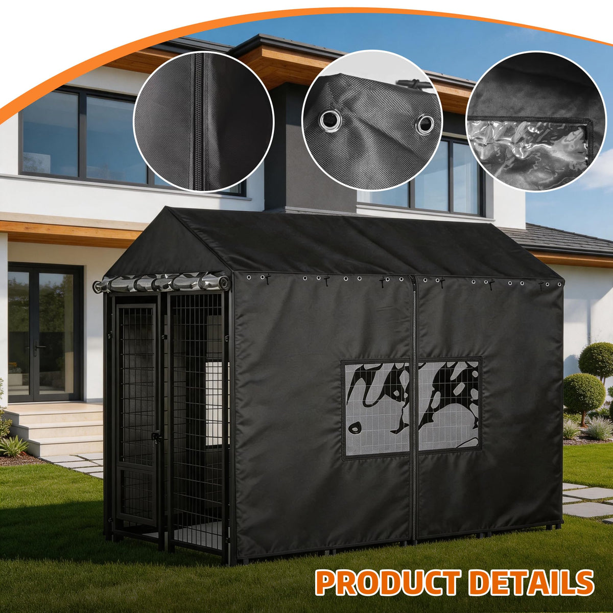 Outdoor Dog Kennel Cover with Clear PVC Windows & Roll-Up Panels S87764
