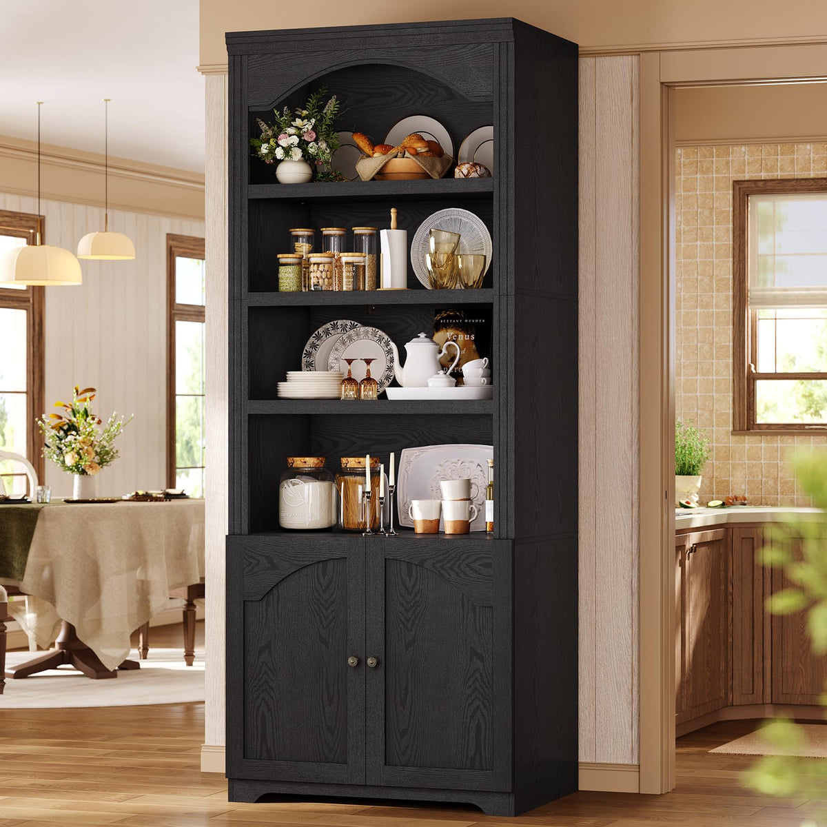 81"x31.4" Arched Bookcase with Adjustable Shelves & Doors E7299