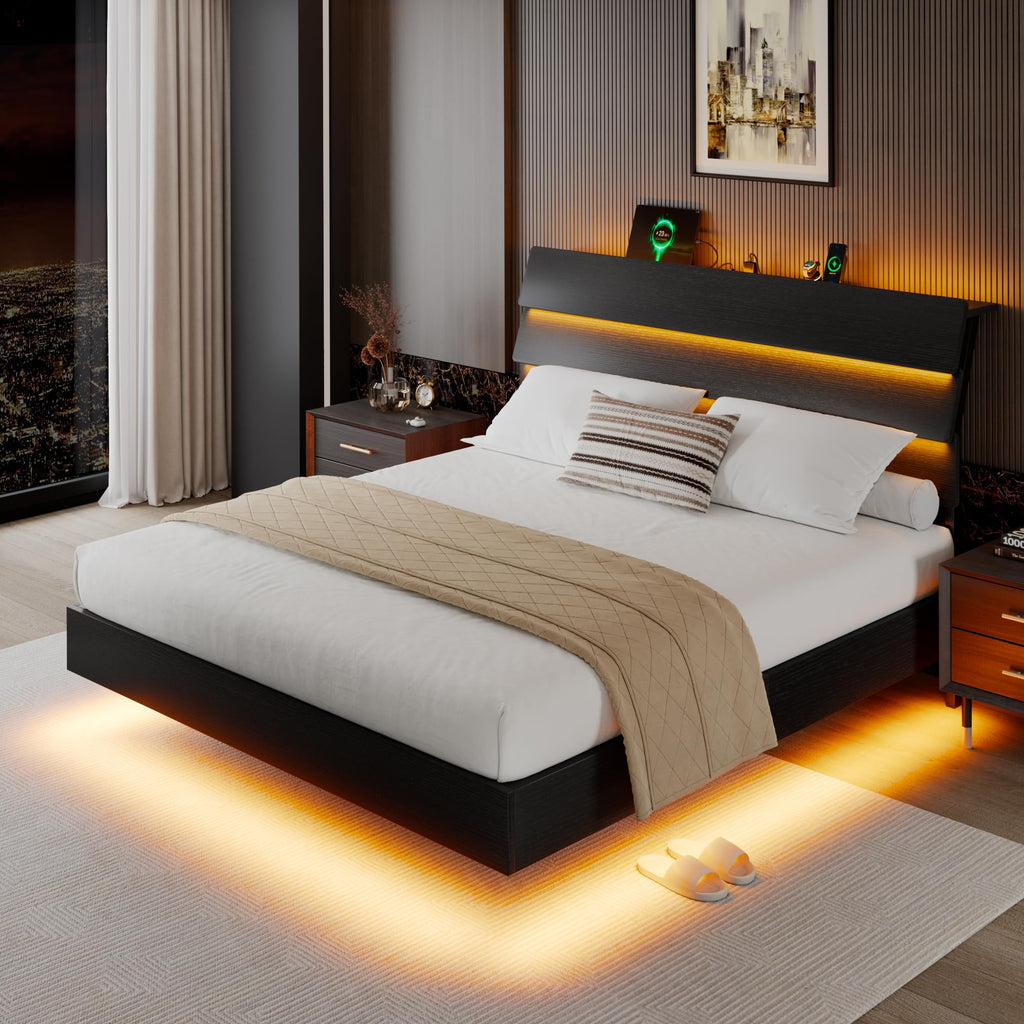 Queen Floating Bed Frame with LED Lights & Charging Station J291