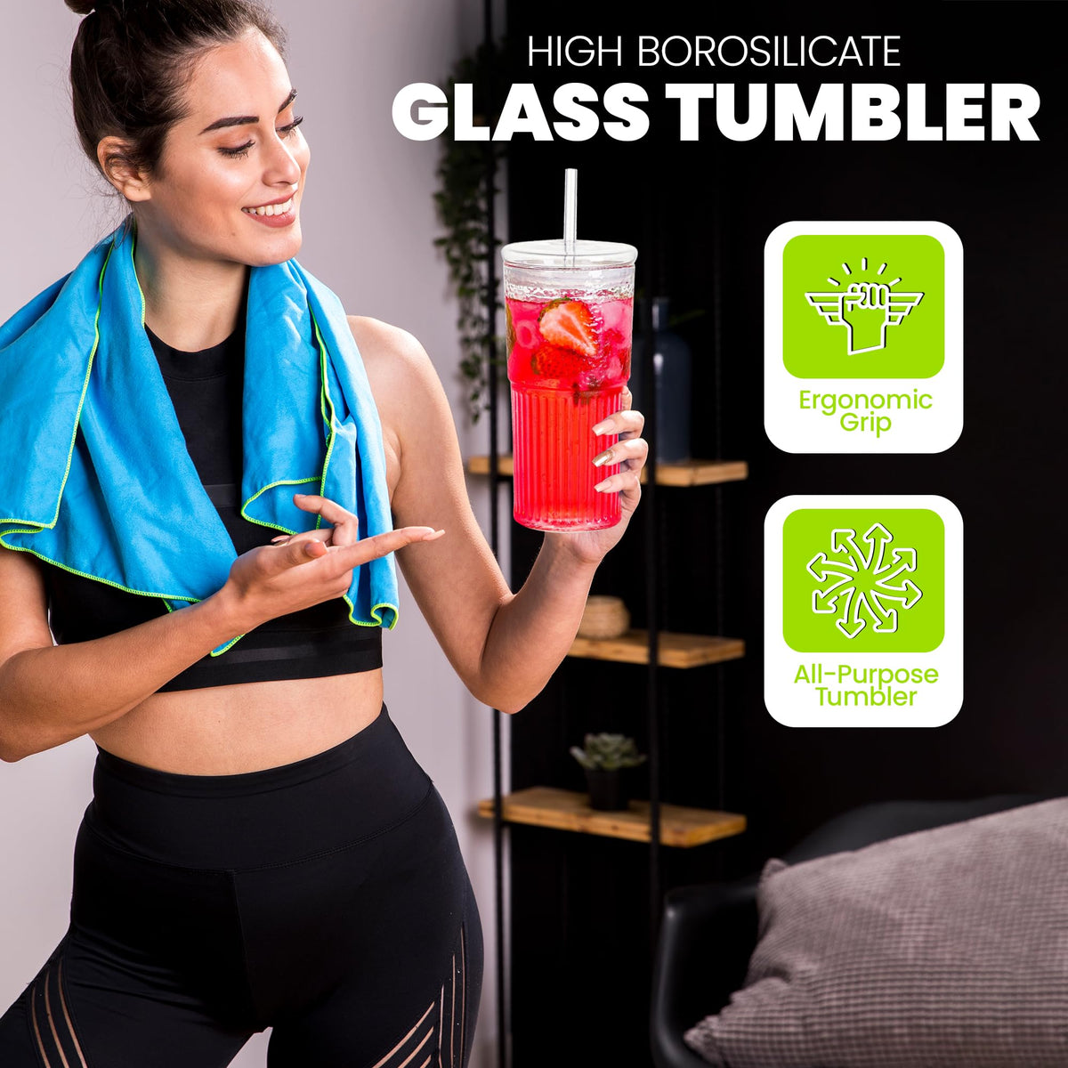 Clear 22 oz Glass Cup with Lid and Straw O494
