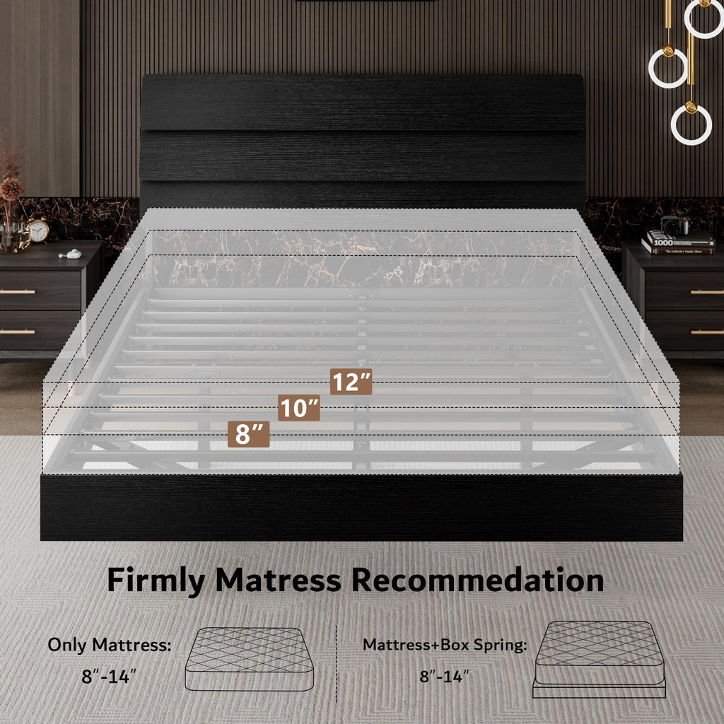 Queen Floating Bed Frame with LED Lights & Charging Station J291