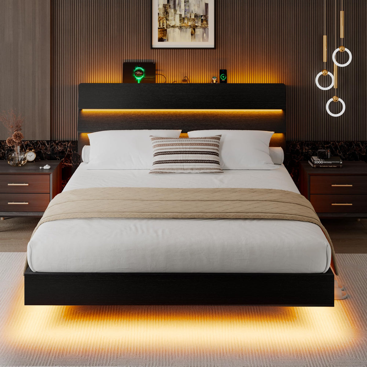 Queen Floating Bed Frame with LED Lights & Charging Station J291