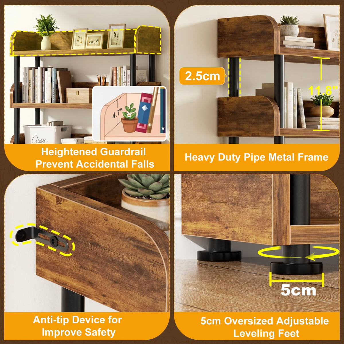 6-Tier Tall Open Bookshelf with Metal Frame E35096