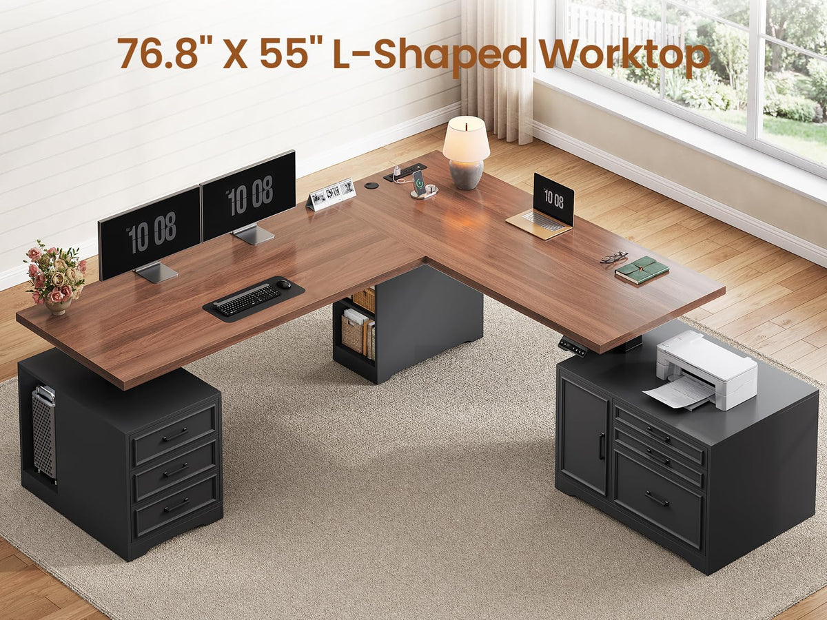 L Shaped Black Electric Standing Desk with 6 Drawers S466