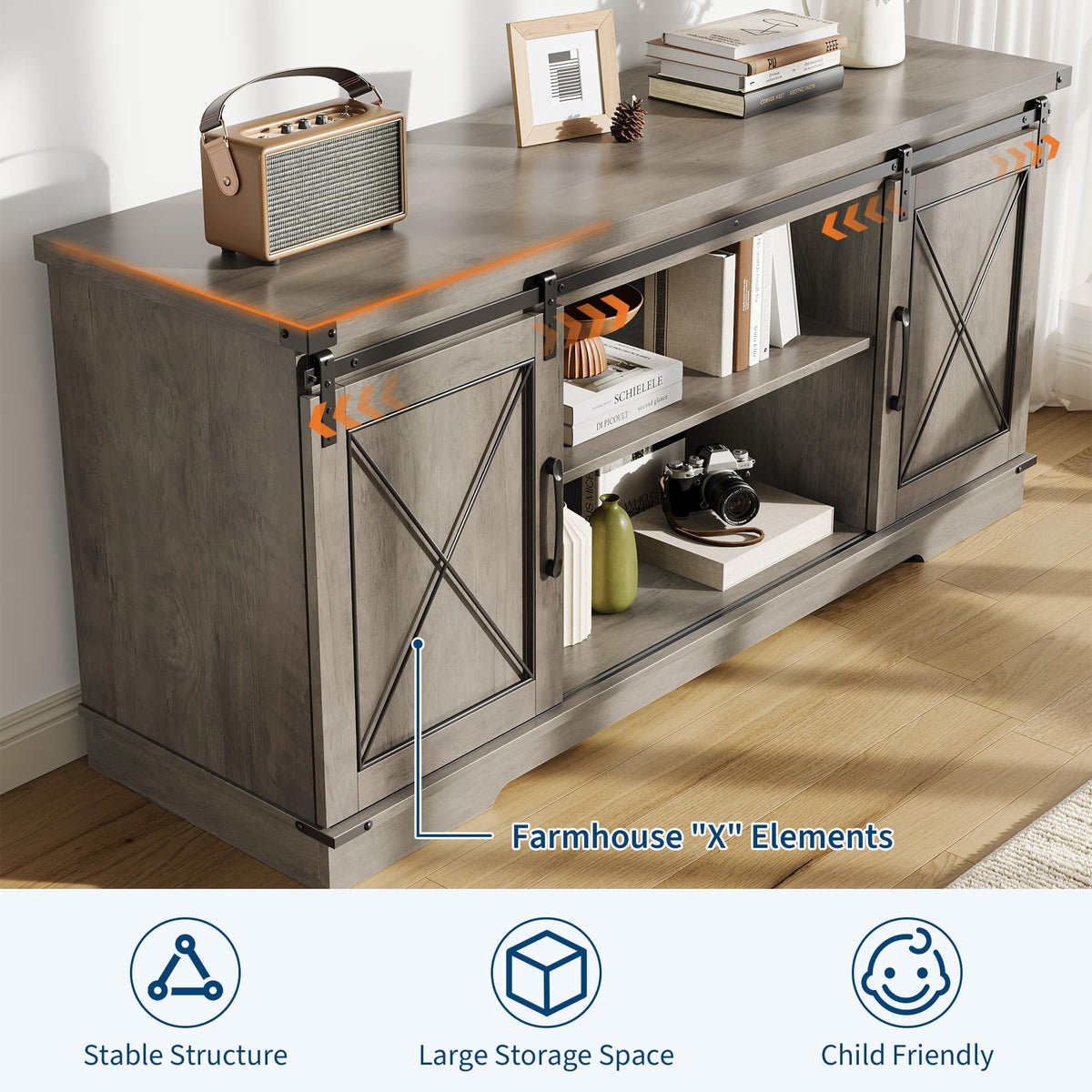 Farmhouse TV Stand with Sliding Barn Doors and Storage Cabinets, Grey E754