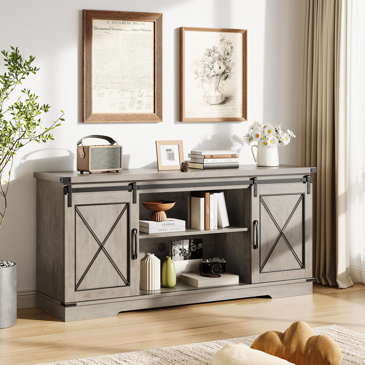 Farmhouse TV Stand with Sliding Barn Doors and Storage Cabinets, Grey E754
