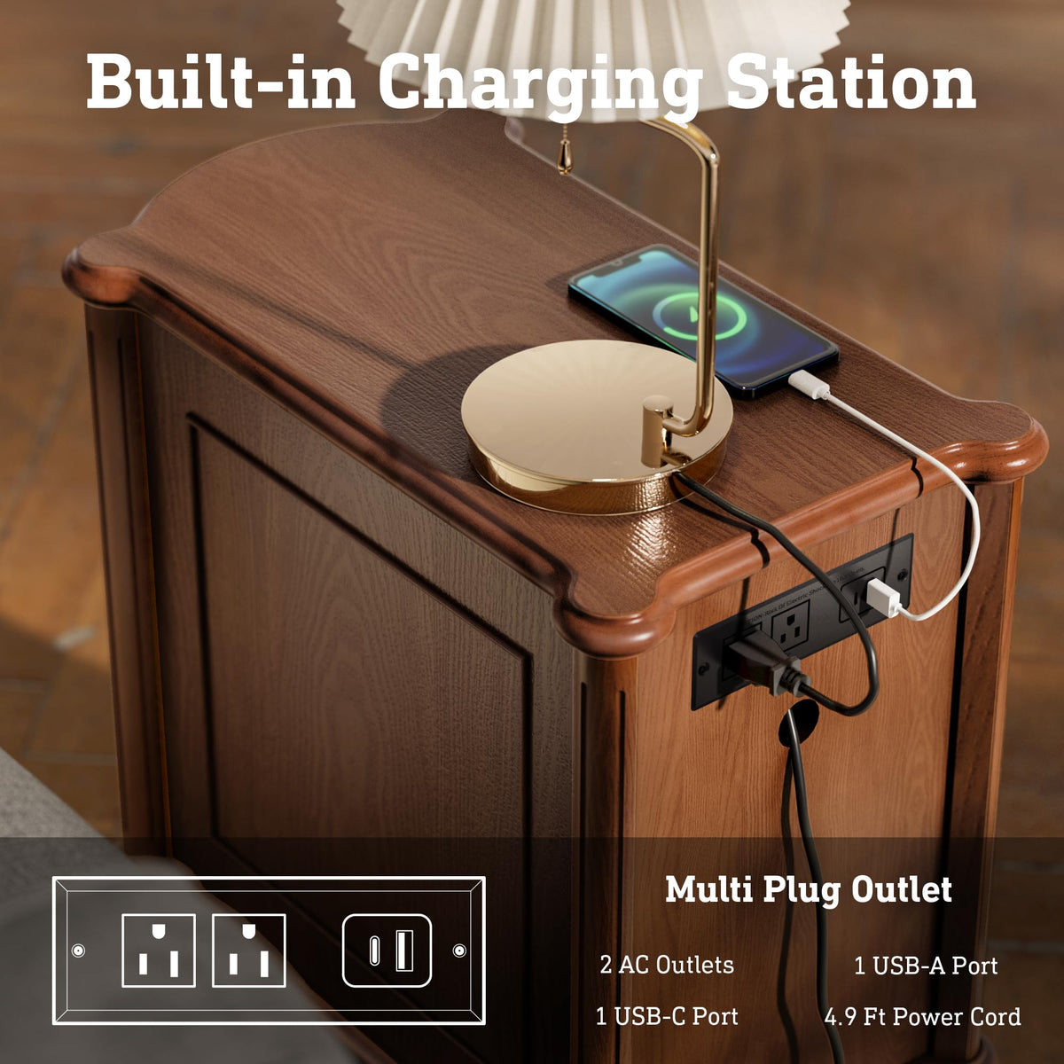 Brown Set of 2 Nightstand with Charging Station and 3 Drawers Z31176