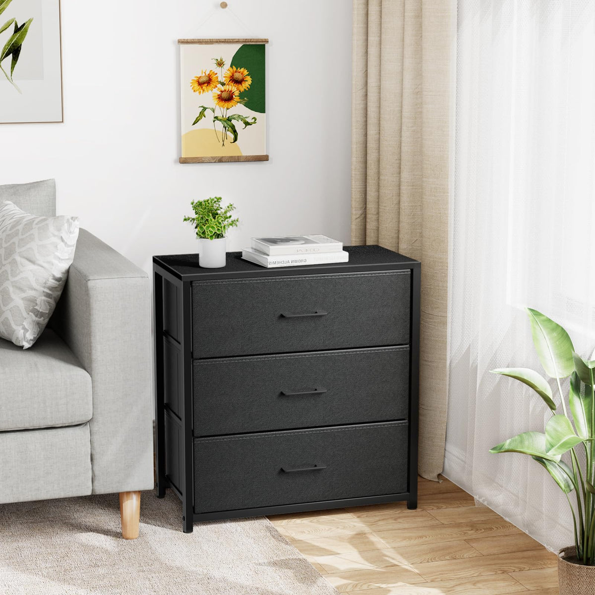 Black 3 Fabric Drawer Nightstand C364