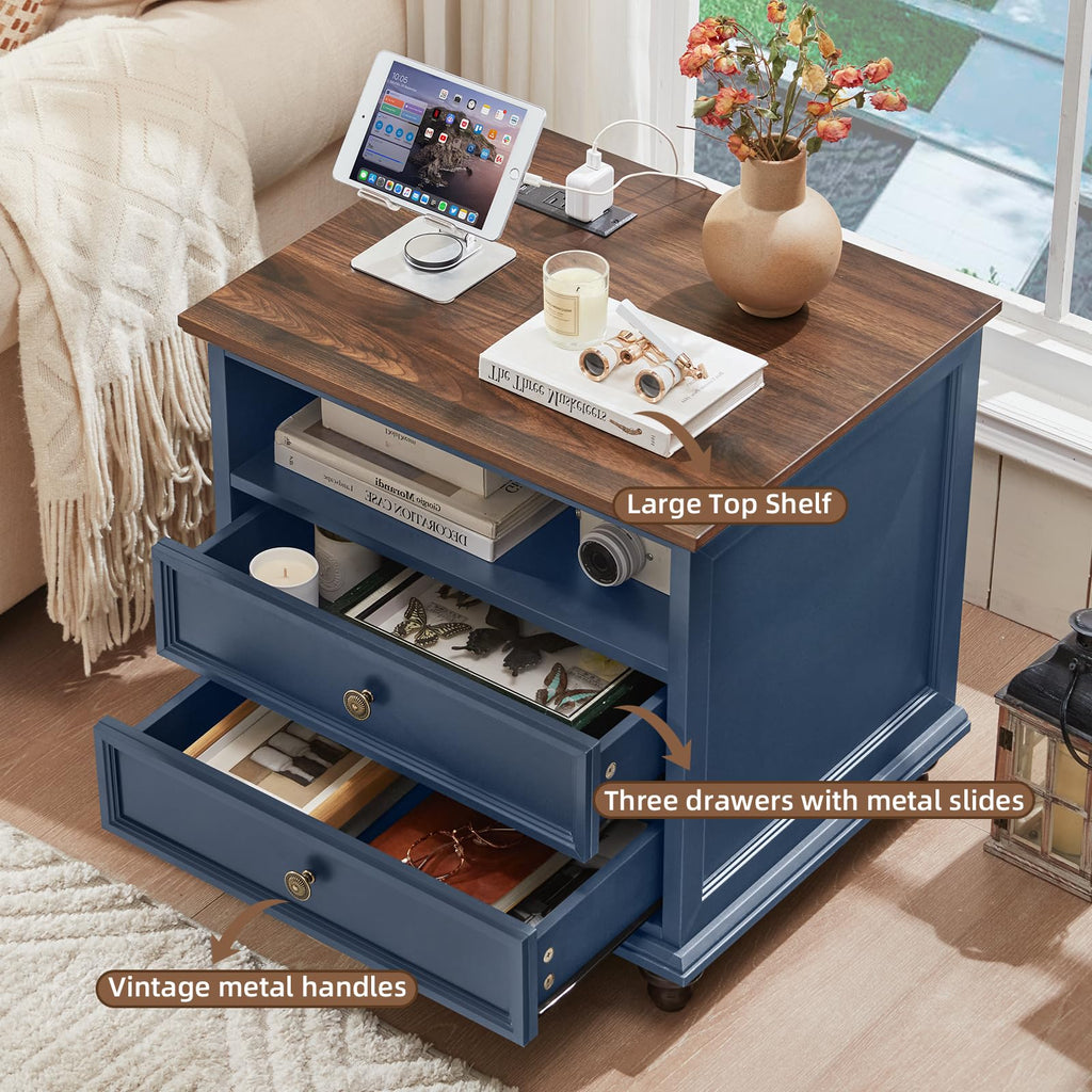 Blue 2 Drawer Nightstand Set of 2 with Charging Station R53485