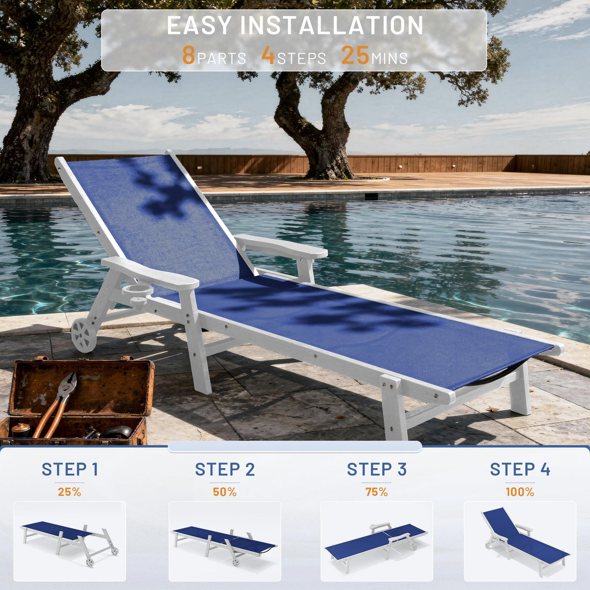 Royal Blue Patio Chaise Lounge Chair Set of 2 with Cup Holder B1640