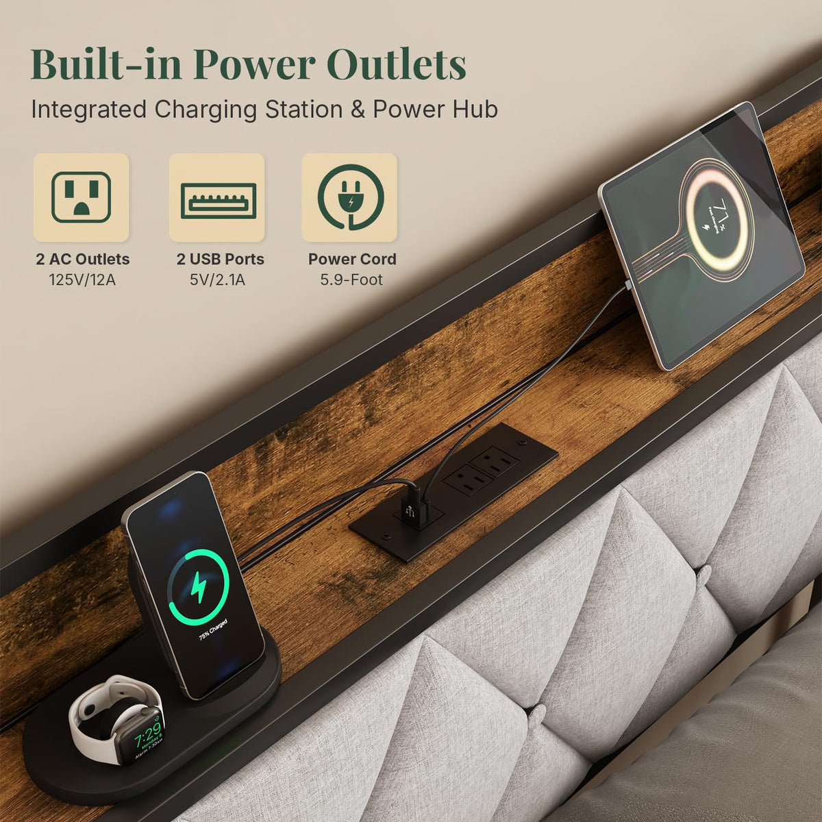 Twin Bed Frame with Upholstered Storage Headboard and USB Charging Station N403973
