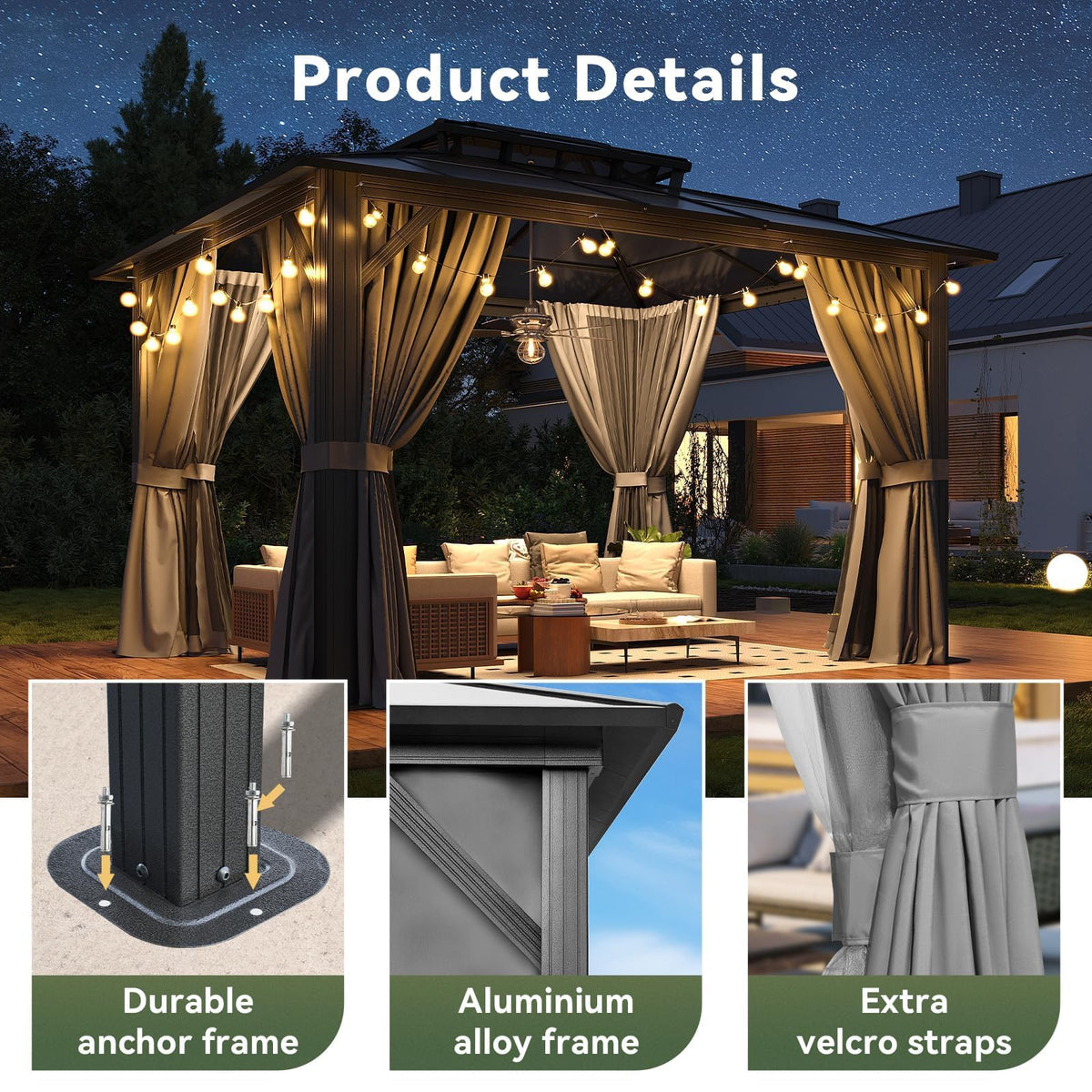 10'x12' Hardtop Aluminum Gazebo with Polycarbonate Roof, Curtains and Netting I32749