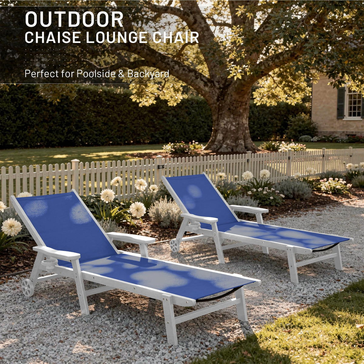 Royal Blue Patio Chaise Lounge Chair Set of 2 with Cup Holder B1640