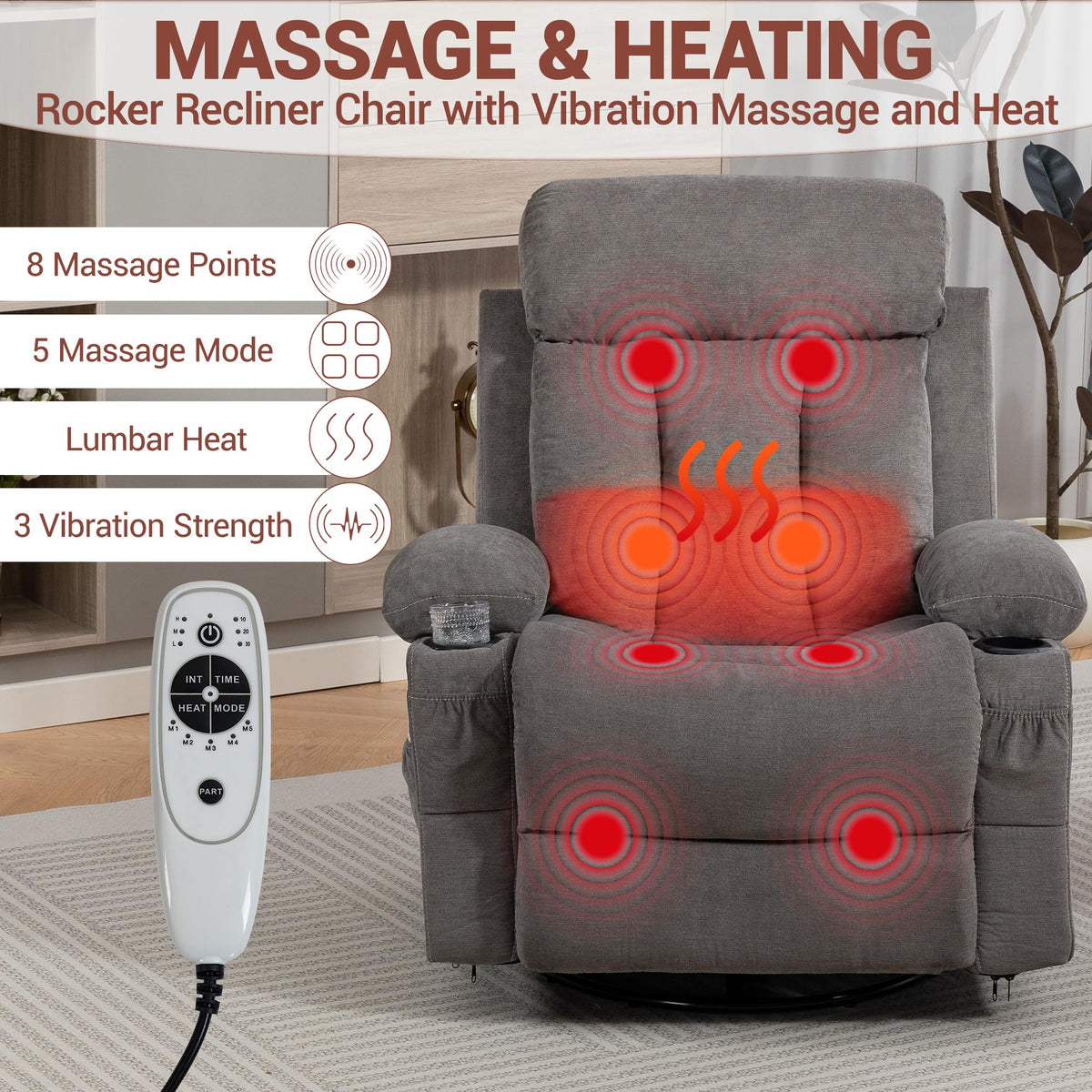 Grey Swivel Rocker Recliner with Massage and Heating G4625