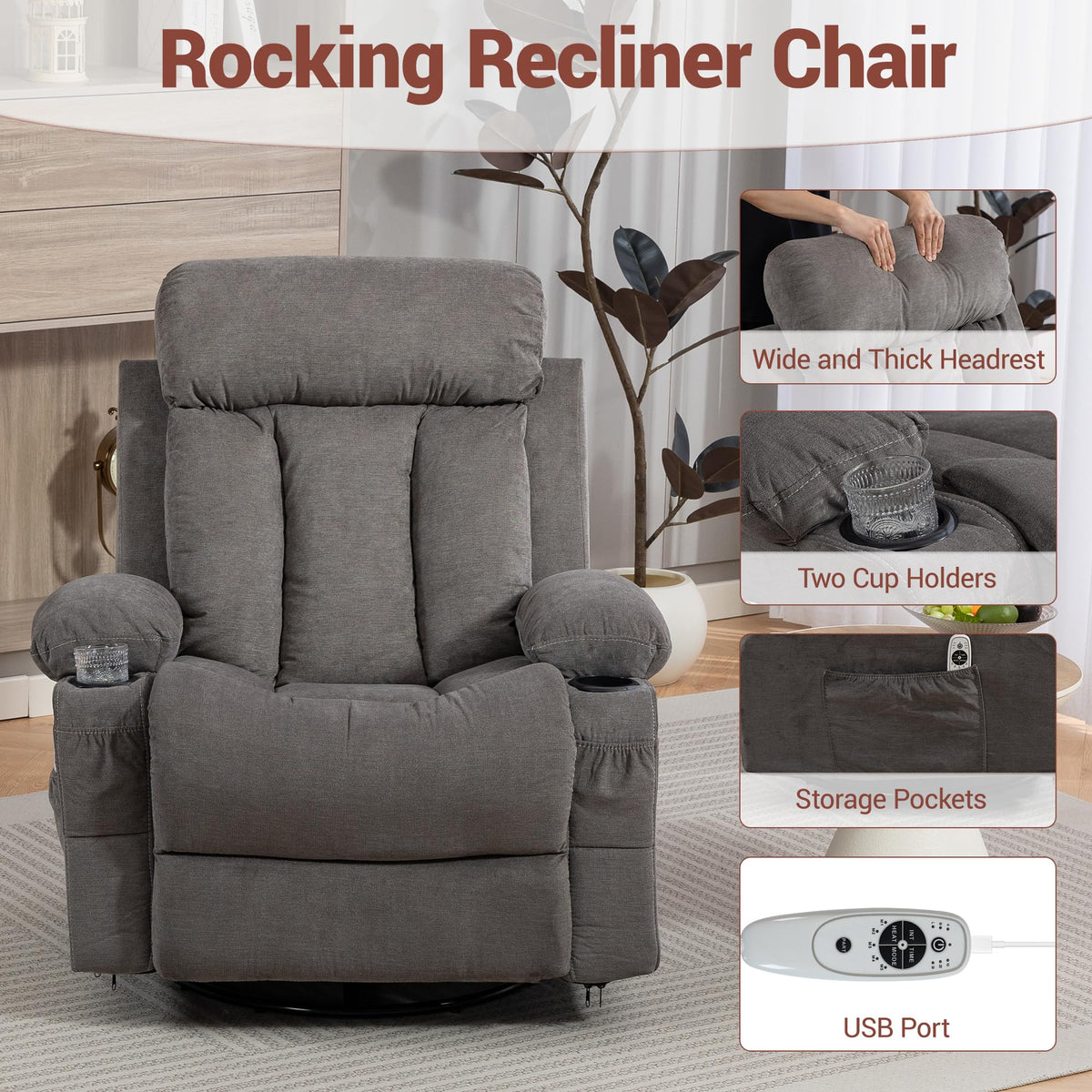 Grey Swivel Rocker Recliner with Massage and Heating G4625