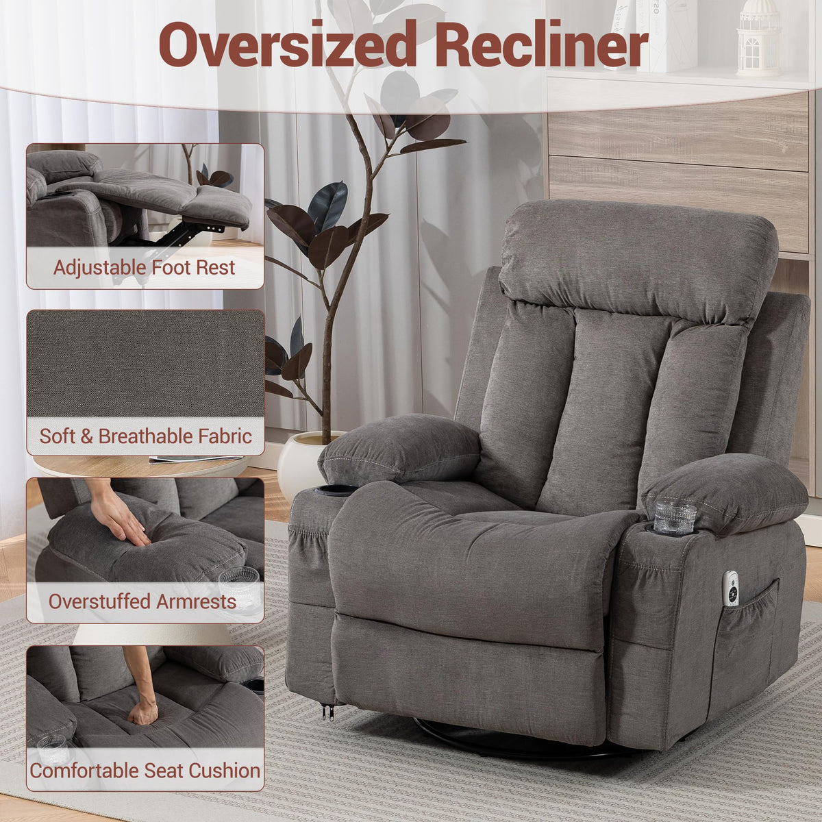 Grey Swivel Rocker Recliner with Massage and Heating G4625